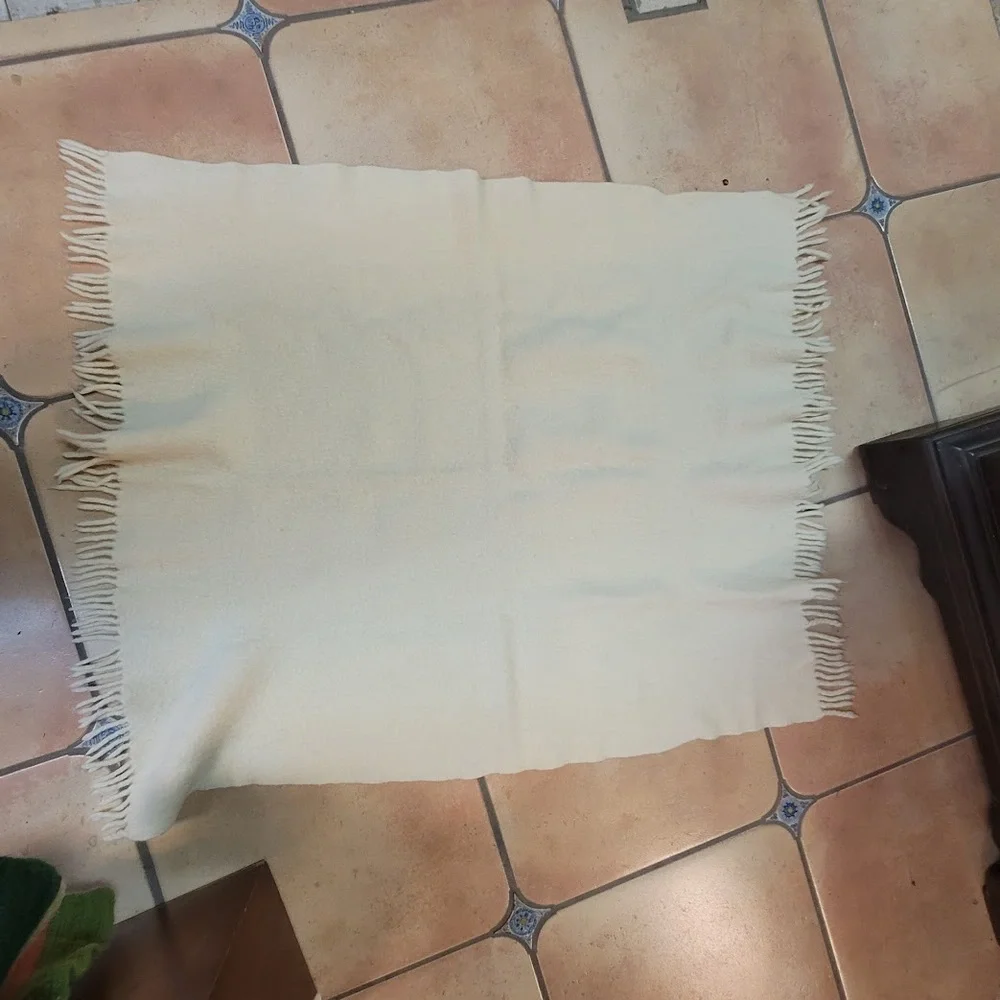 Vintage Cream 100% Wool Throw Blanket with Fringe 44x34 cottagecore cabin